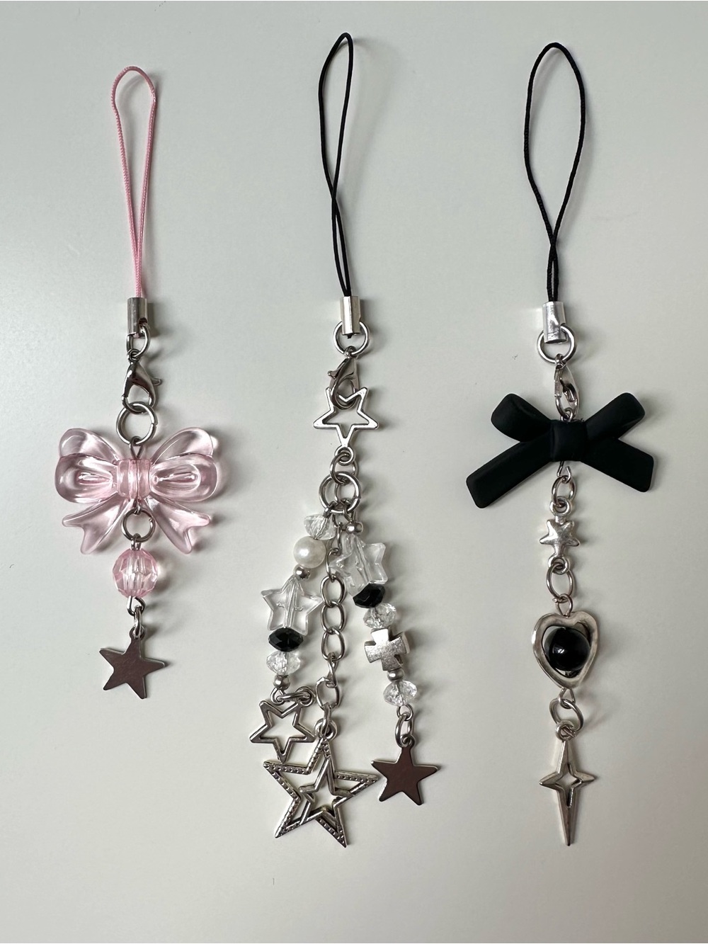 Set of 3 Silver Black Pink Phone Charms